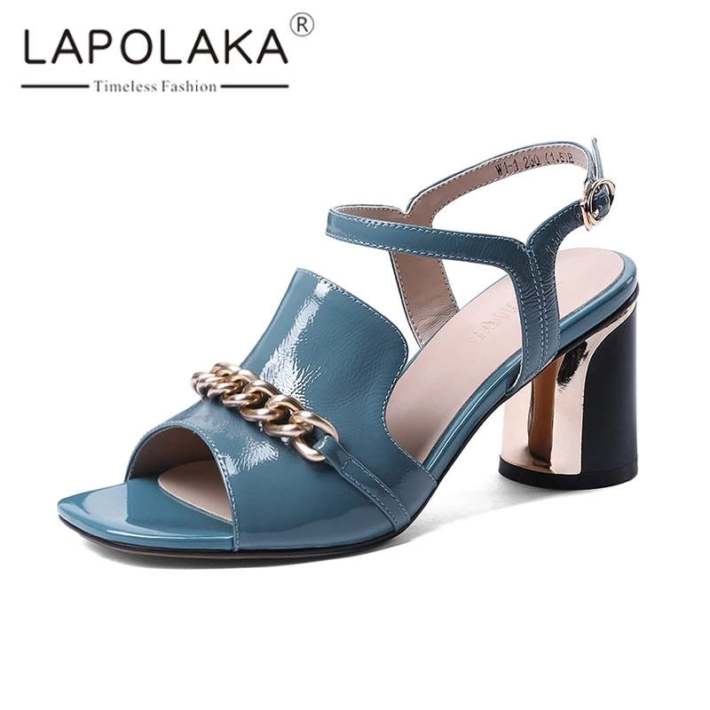 

Lapolaka 2019 Hot Sale Genuine Leather Summer Sandals Woman Shoes Buckle Strap Peep Toe Square Heels Shoes Woman Sandals