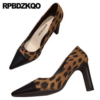 

leopard print chunky unique 8cm italian thick pointed toe fashion brand women shoes 2019 suede high heels size 4 34 pumps ladies
