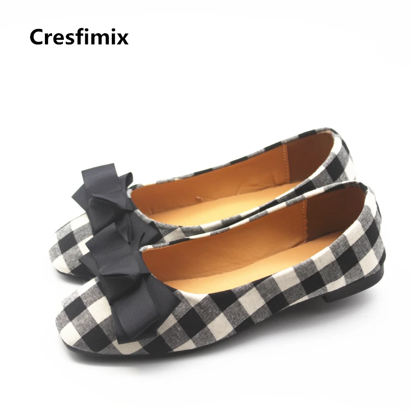 

Cresfimix women fashion bow tie black plaid flat shoes lady spring & summer comfortable shoes female cool office shoes a845