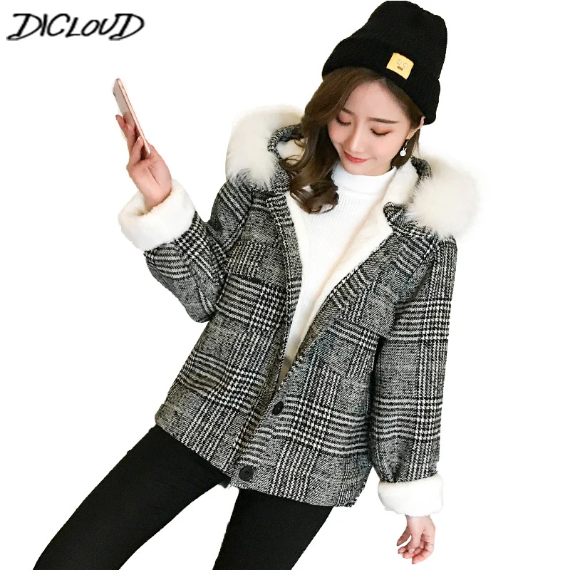 

DICLOUD 2018 Winter Coats Women Plaid Jackets Ladies Hoodies Short Tops Women Fashion Lamb Wool Outerwear Casual Coat Harajuku