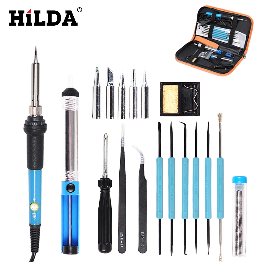 

HILDA 60W EU Adjustable Temperature Electric Soldering Iron Kit +5pcs Tips Portable Welding Repair Tool Tweezers Solder Wire