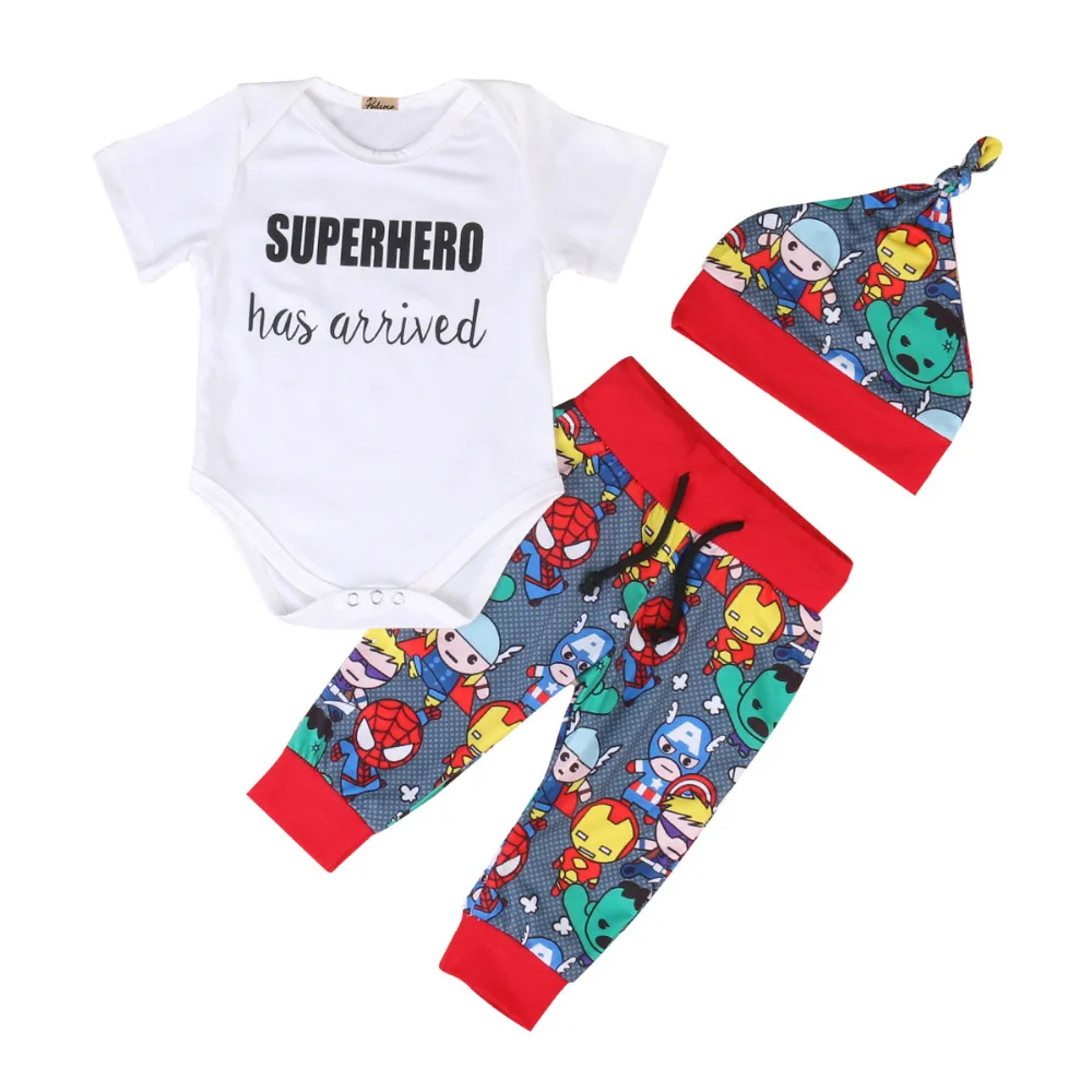 Летняя коллекция года, Одежда для новорожденных мальчиков комбинезон с короткими рукавами, Топы+ штаны с рисунком+ шляпа, комплект летней одежды из 3 предметов
