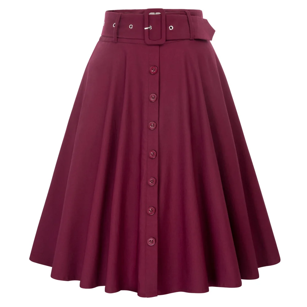 BP стильные женские юбки трапециевидной формы, Женские однотонные юбки с высокой талией, пуговицами и карманами, декоративные расклешенные вечерние юбки в винтажном стиле, falda mujer - Цвет: Wine