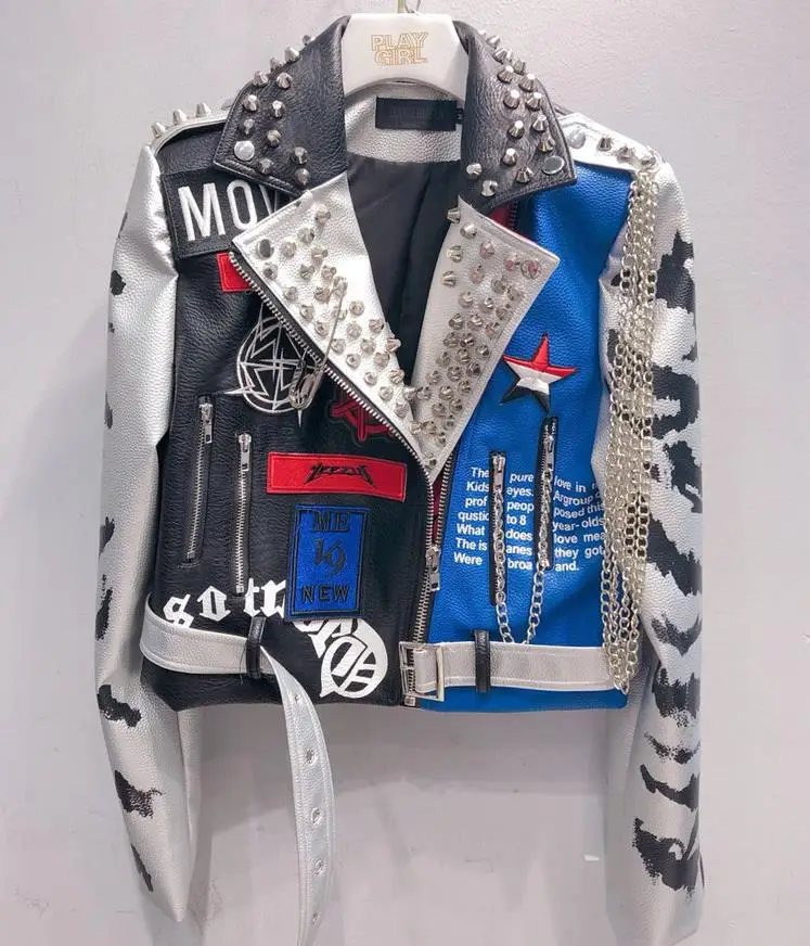 LORDXX укороченные кожаные куртки для женщин хип хоп красочные шипованные пальто Новинка весны дамы мотоцикл панк укороченная куртка с поясом
