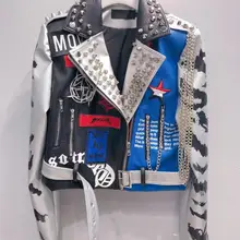 Женская куртка из искусственной кожи с заклепками и бусинами, новая модная уличная куртка из искусственной кожи, мотоциклетная верхняя одежда с граффити