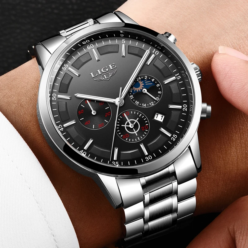 2018 New Swag Men Watches Brand LIGE Moon Phase Shining Black Dial Waterproof Business High Quality Casual Sport Quartz Watch
