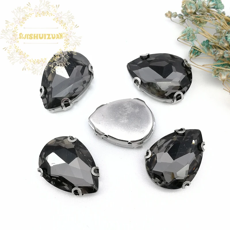 

Best-selling! Gray Water drop shape Glass Crystal sew on rhinestones with D-SHAPE claw Diy Wedding dress and Shoe