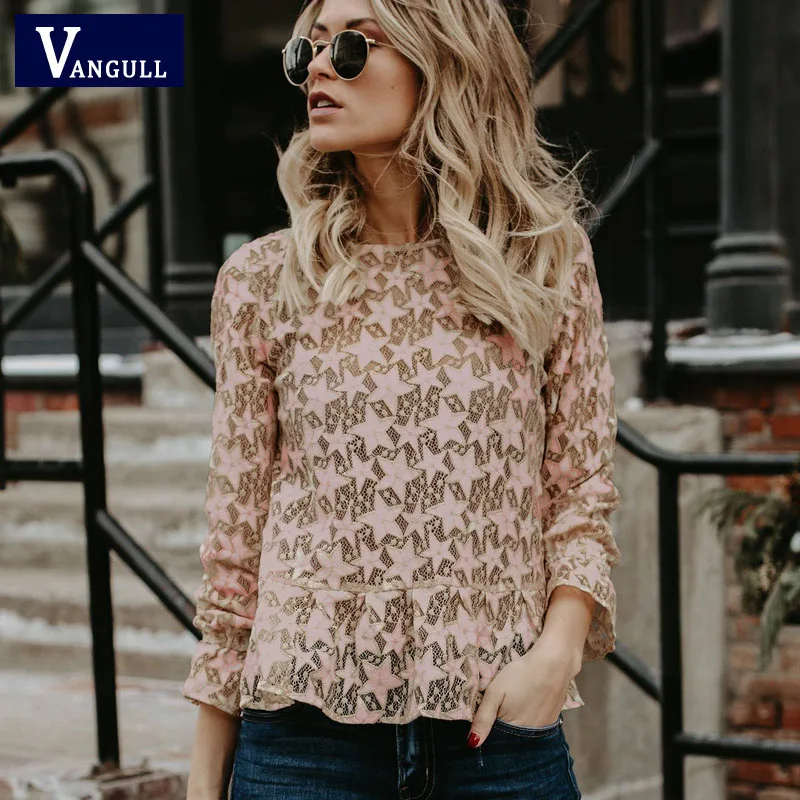 

VANGULL women tops Summer 2019 sexy Hollow Out Lace Blouse Shirt Ladies women Long Sleeve casual Loose White office blouse Tops