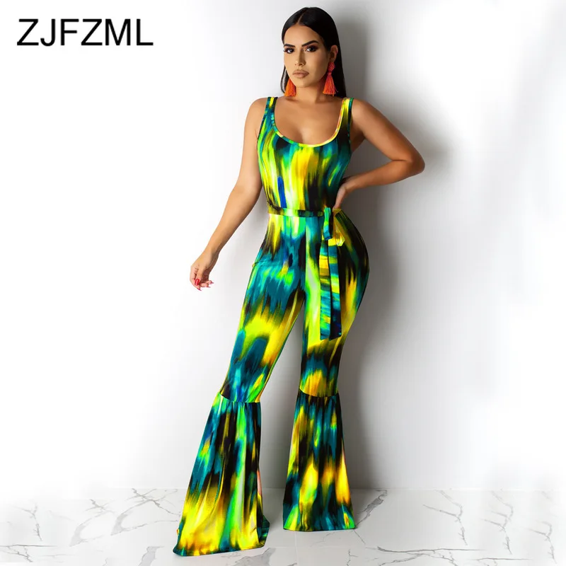 

Tie Dyeing Print Rompers Womens Jumpsuit Summer O Neck Open Back One Piece Overall Casual High Waist Sleeveless Beach Catsuits