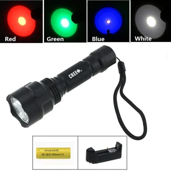 

C8 Waterproof 18650 Battery Led Handheld Flashlight White / Red / Blue / Green Led Light Lamp For Hunting Camping Night Walking