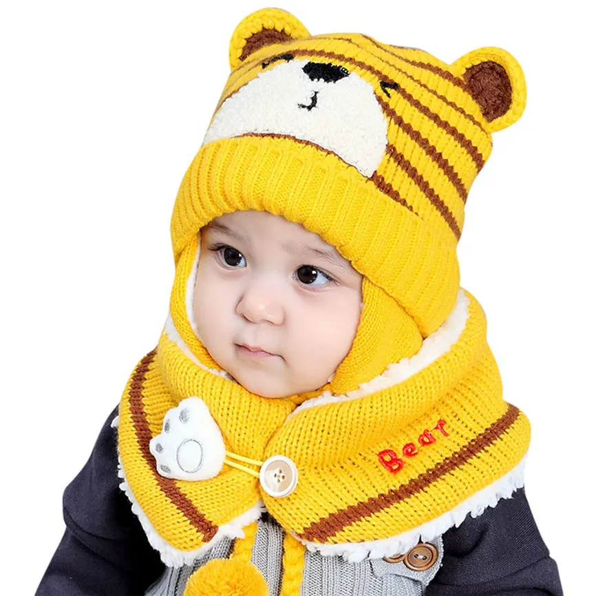 Зимние детские шапки в виде тигра, шарф, детская шапочка для маленьких мальчиков и девочек, шапка-ушанка, детские вязаные шапки с принтом+ шарф, Прямая поставка 1215 - Цвет: Yellow