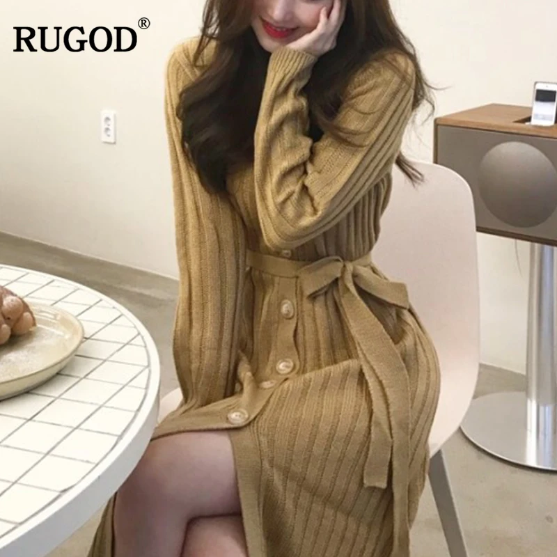 RUGOD Women Knitted Dresses 2018 Newest Single Breasted V-Neck Lace Up Dress Loose Solid Striped Dress Female Vintage vestidos