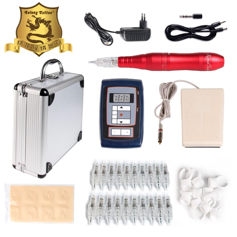 

Solong Tattoo Permanent Makeup Kit Tattoo Pen Eyebrow Lip Machine Set Practise Skin Tattoo Power Supply Needles EK201A-2