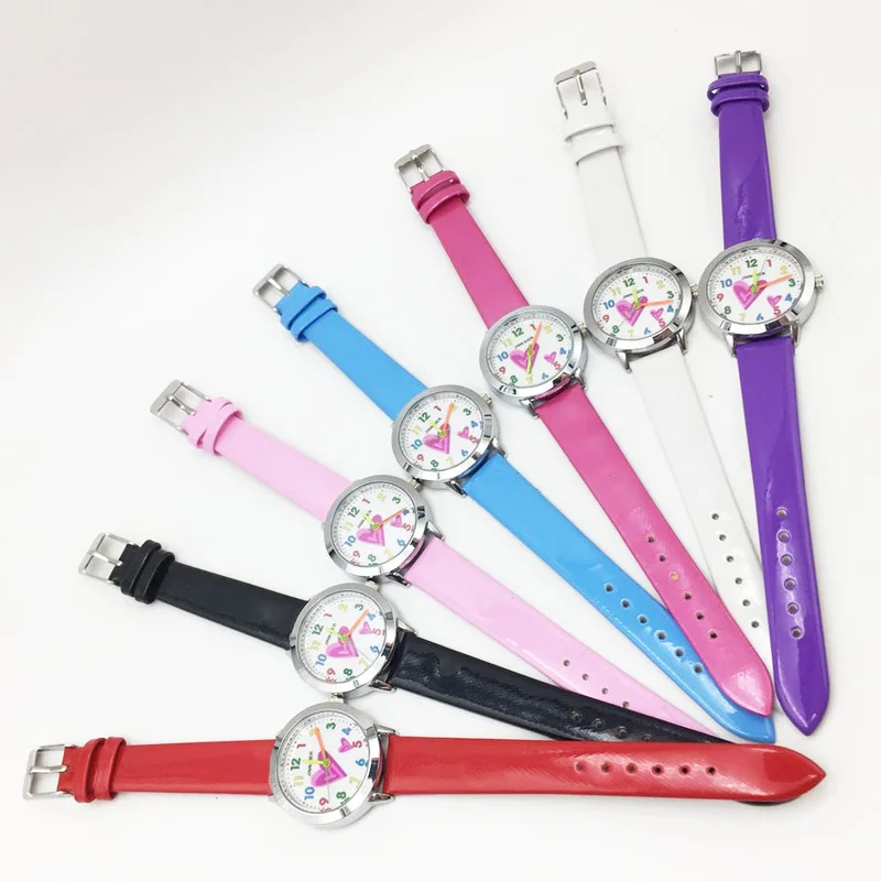 wholesale drop shipping womens wrist watches vogue leather strap colorful heart dial very cute wristwatches for kids children students clock hours best gifts (3)