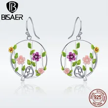BISAER 925 пробы серебряные серьги-гвоздики с птицами Колибри для женщин, модные серьги с цветами, ювелирные изделия, серьги ECE480