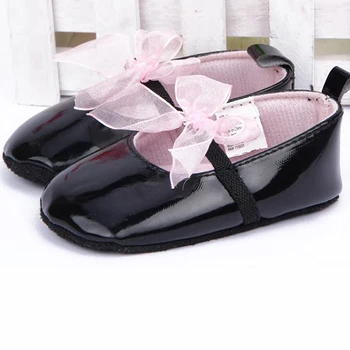 

Hot Top Fashion Newborn Infant Crib Ribbon Bowknot Dance Shoes Baby Girls Lace Soft Sole PU Leather Black Prewalker First Walker