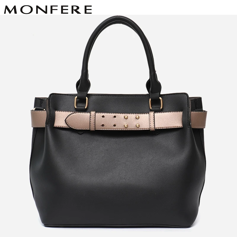 

MONFERE Vegan Leather Top-Handle Shoulder Bags Women Casual Contrast Color Buckle Belt Large Tote Handbag Fashion Cross body Bag