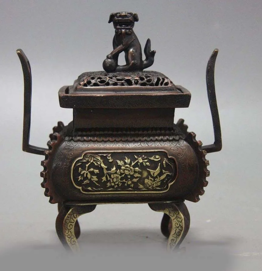 

7 China Palace Royal Bronze Copper Peony Fu Foo Dog Lion Incense Burner Censer SD 506