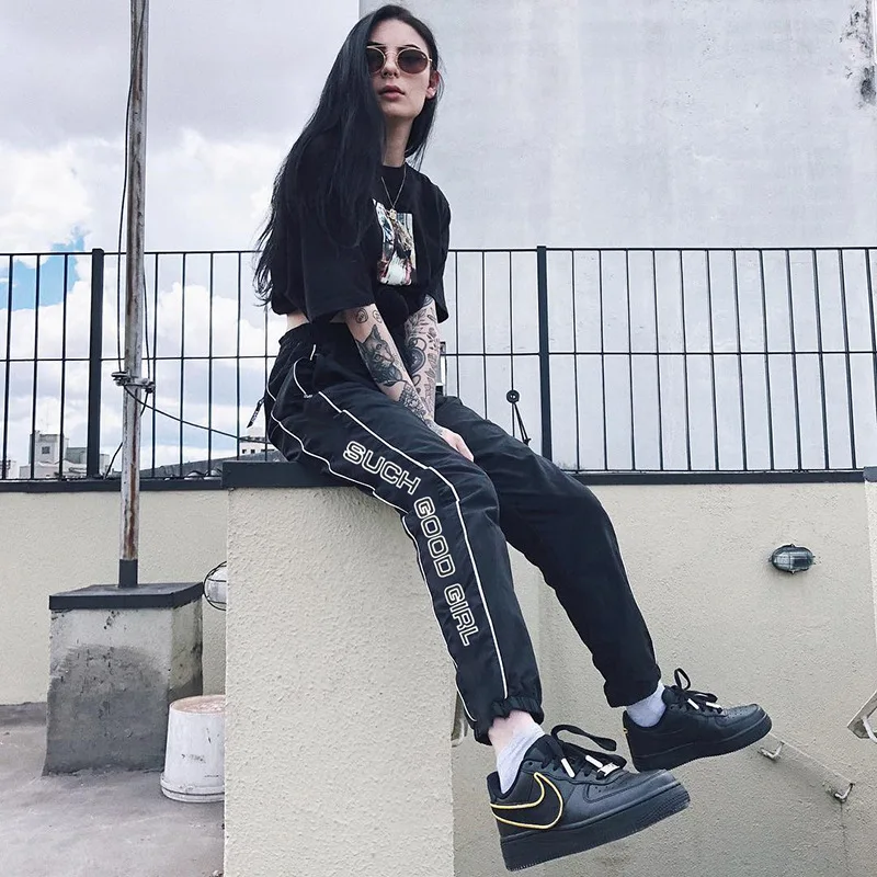Streetwear Hip Hop Black Cargo Pants Women Casual Joggers Summer Trousers Side Stripe Letter High Waist Women