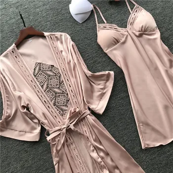 

Women Robe & Gown Sets Sexy Lace Sleep Lounge Pijama Long Sleeve Ladies Nightwear Bathrobe Night Dress with Chest Pads Sleepwear