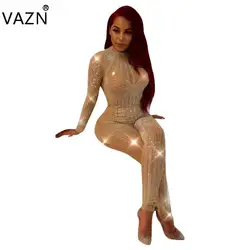 VAZN 2018 новая мода высокое качество Bodycon комбинезон длинный рукав кружевной комбинезон О-образным вырезом Sexy Детский комбинезон Белый Khaiki и