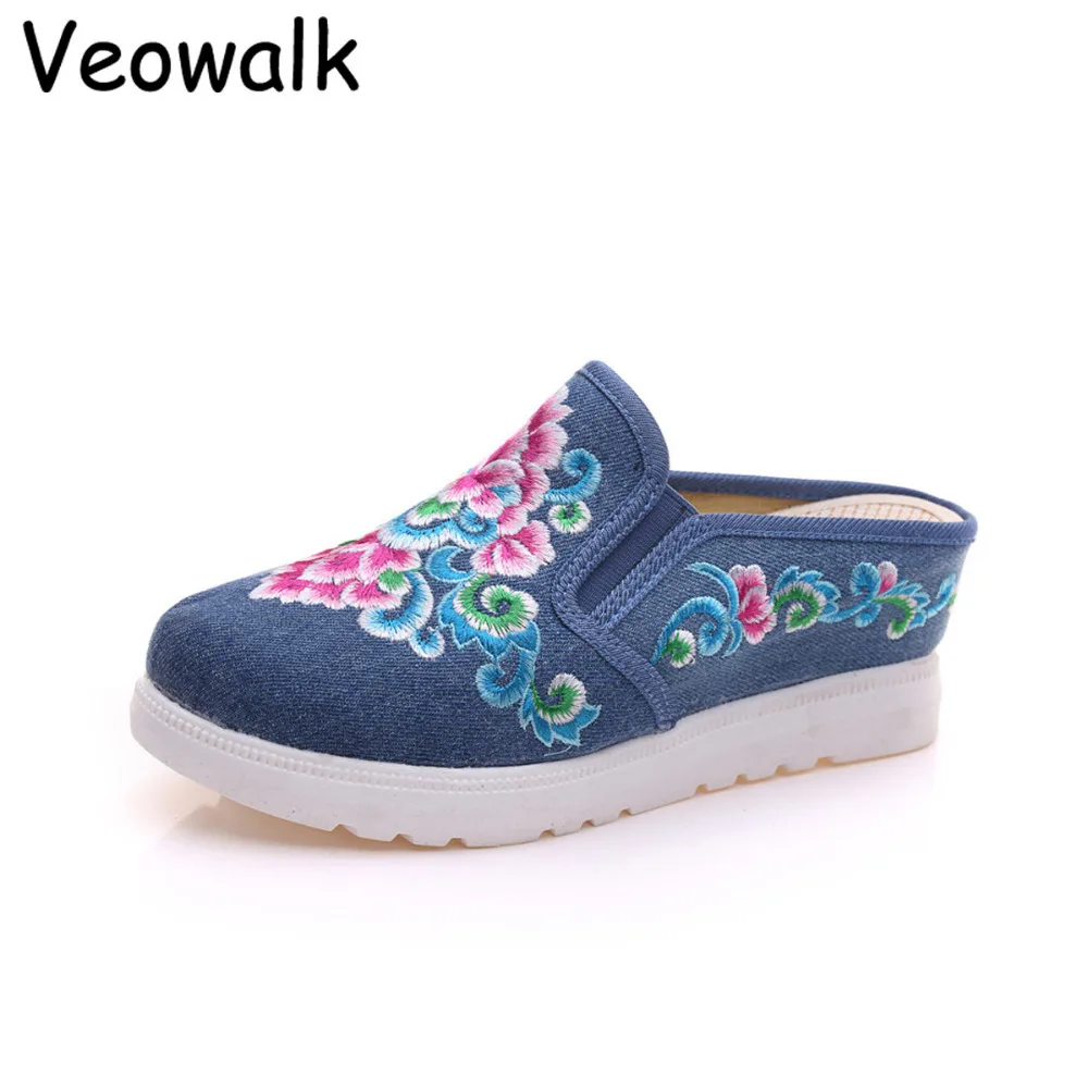 

Veowalk Denim Embroidery Women Canvas Slip-on Wedge Platforms Slippers Summer Ladies Casual Embroidered Comfort Slides Shoes