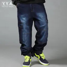 Новинка, большие размеры 44, 46, синие мешковатые мужские джинсы, узкие, прямые, свободные, джинсовые штаны с большими карманами, повседневные брюки, Pantalon Homme