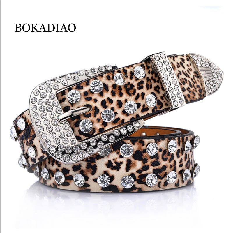 

BOKADIAO women belt punk Pin buckle Vintage Leopard print Rhinestone Rivets luxury lady's original leather belts for women jeans