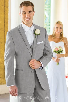Cena Custonize światła Szary Mężczyźni Garnitury ślubne Groom Smokingi Groomsmen ślub Marynarka Man Garnitury (kurtka + Spodnie + Kamizelka + Krawat) K: 1285