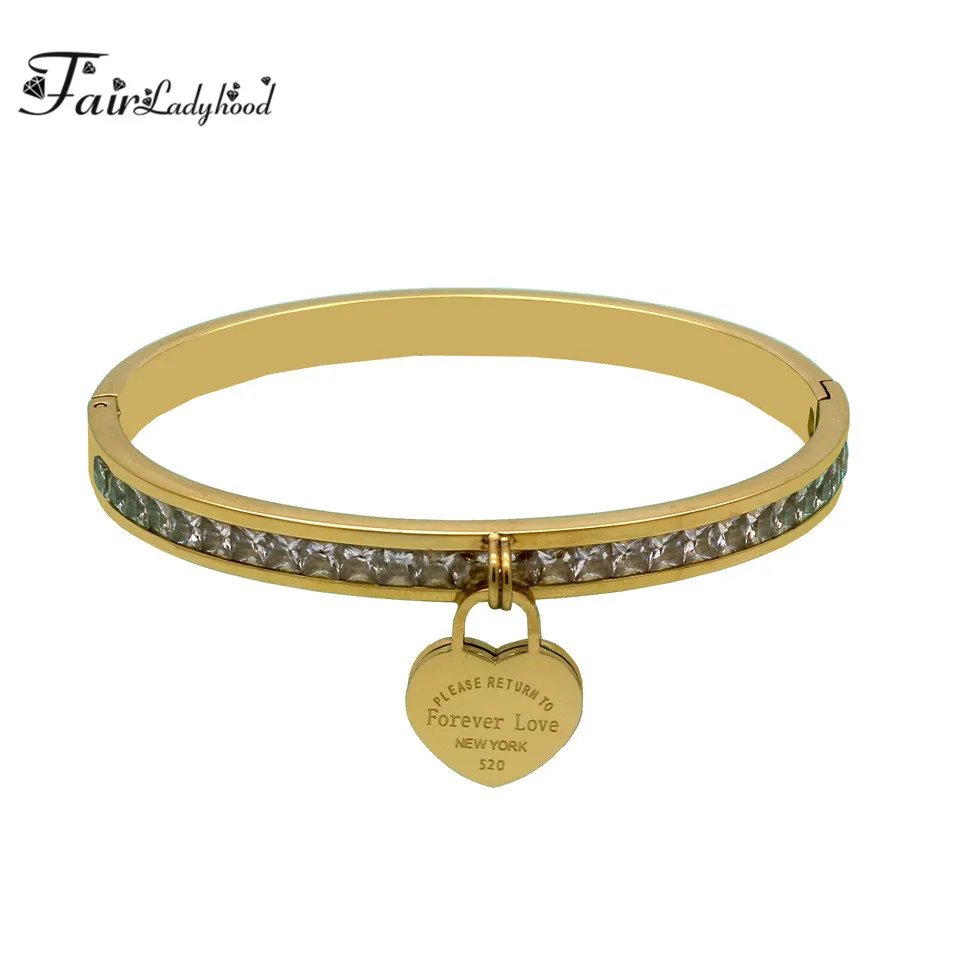 

Fairladyhood Design Luxury Brand Women Hanging Heart Label Forever Love Pulseira Titanium steel Bangle For Women Jewelry