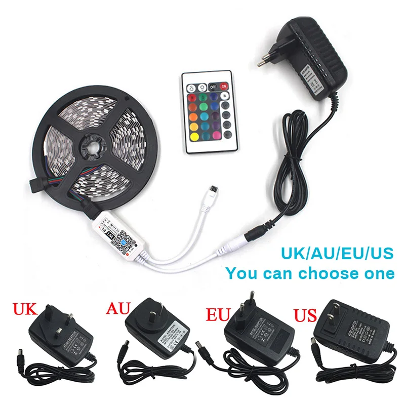 5m/10m/15m/20m LED Flexible Strip Light Multi-Spec US/EU/UK/AU 12V APP Wireless 24 Key Controller Garden Bar Indoor Decoration