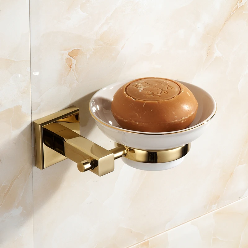 European Zirconium Gold Copper Soap Dish With Ceramic Plate Modern Polished Soap Holder Soap
