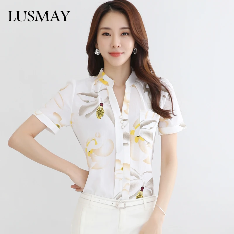 

Summer New Women's Blouse Slim Short Sleeve Female Printed Tops And Blouses Fashion Streetwear Casual 2019 New Chiffon Shirts