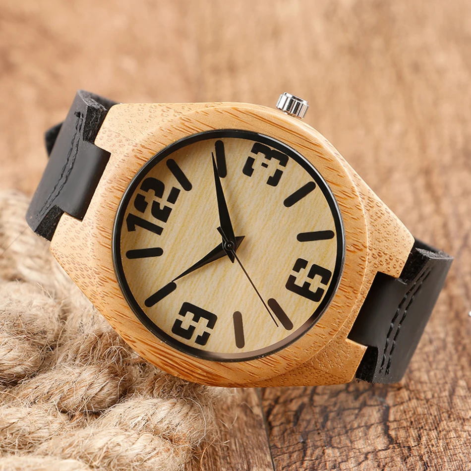 Minimalist Wrist Watch Men Handmade Bamboo Wood Clock Sport Creative Bangle Black Genuine Leather Band Strap Modern Style Gift (5)