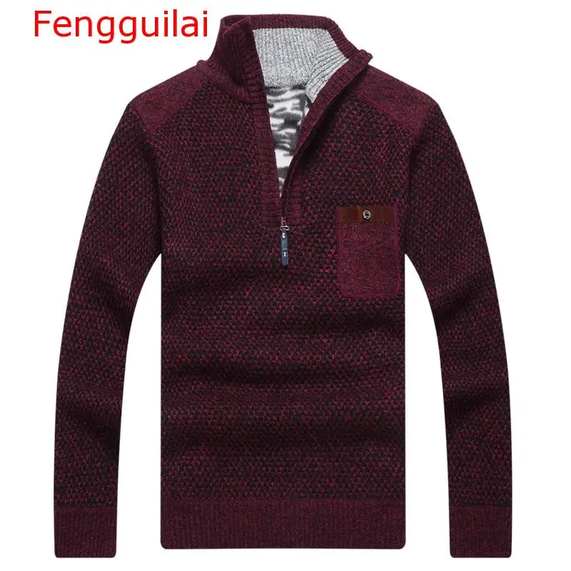 Fengguilai теплый толстый бархат кашемир зимний мужской свитер Пуловеры на молнии воротник стойка мужская повседневная одежда большого размера 3XL