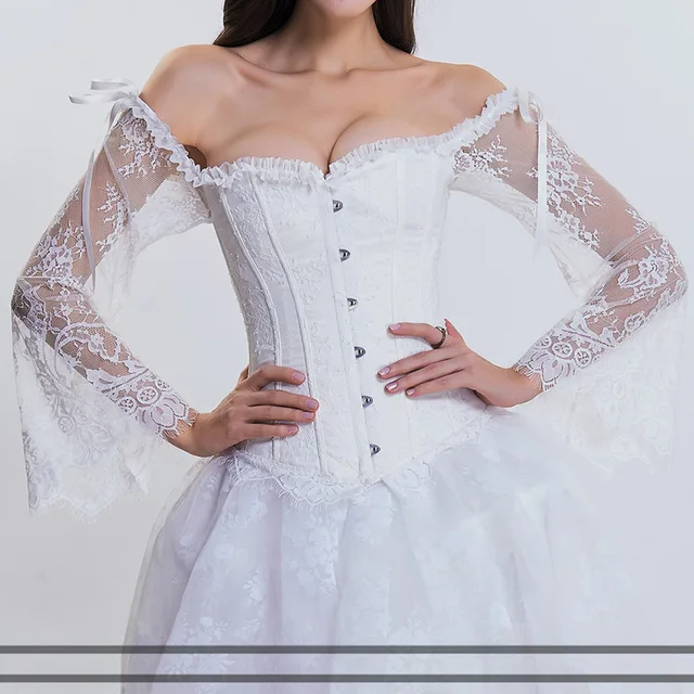 White Victorian Floral Lace Long Flare Sleeve Strapless Bridal Corset