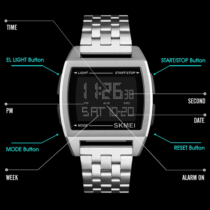 SKMEi спортивные сталь ремень часы для мужчин светодиодный цифровой Электронные Водонепроницаемые часы 1368