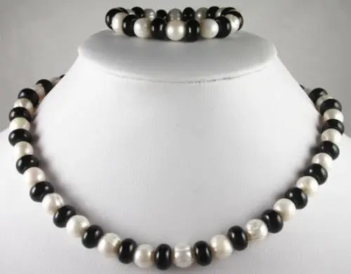 

shippingnobler black&white 8-9mm pearl necklace / bracelet sets 925s hot