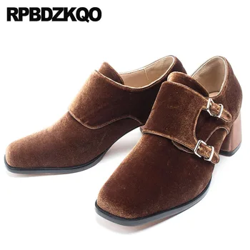 

2018 size 4 34 black velvet high quality modern square toe thick fashion medium heels luxury women shoes brown female block