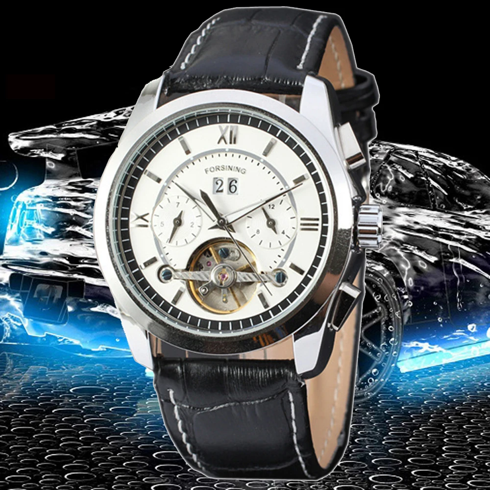 FORSINING Мужчины Гент Черный Tourbillon Дата Винтаж Механические Часы Автоматические