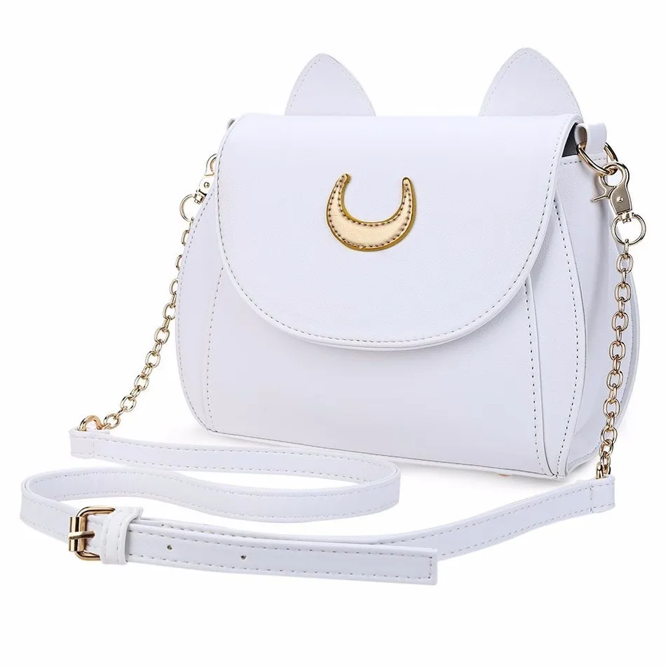 Vegan leather White Cat bag with moon design cat design crossbody bag female handbag with cat ear