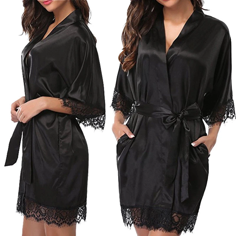 3 шт./компл. женский шелковый атлас ночной халат Половина рукава банные халаты черное ночное платье сексуальное женское белье летние пижамы с трусиками