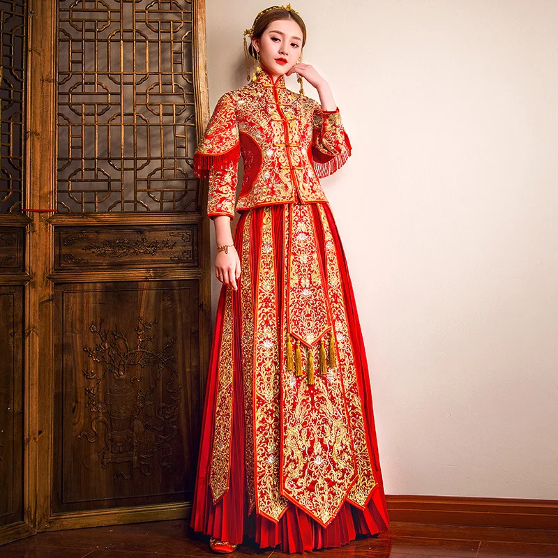 Восточный китайский традиционный свадебное платье для женщин феникс вышивка Cheongsam красный шёлковый китайский женский халат невесты