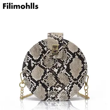 

Retro Serpentine Chain Round Bag Women Handbags Printed Small PU Leather Shoulder Crossbody Bags Female Messenger Bag F-477