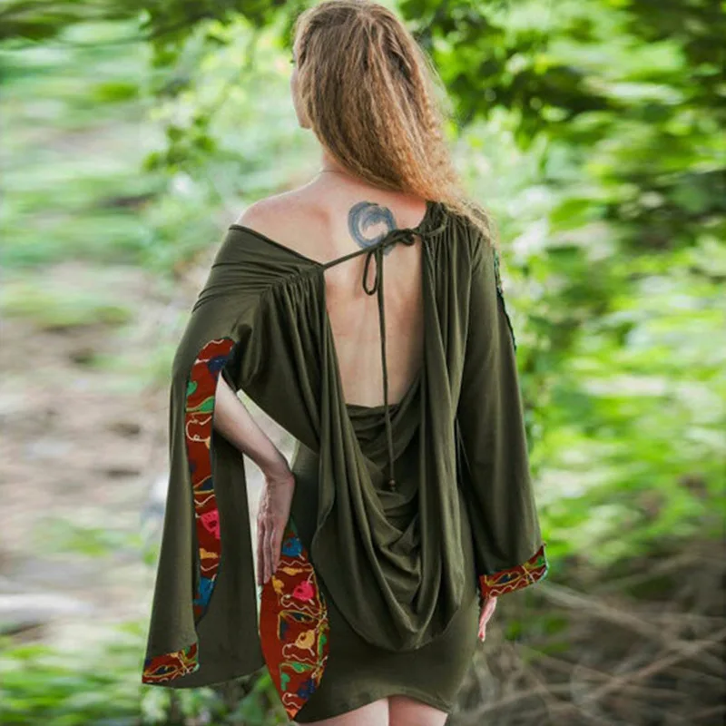 Summer Women Medieval Renaissance Vintage Hooded Sexy Backless Irregular Flare Sleeve Dance Style Dress Dark Forest Green Pixie Gothic Gypsy Casual Dress