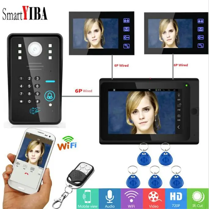 SmartYIBA 7 дюймов WiFi дверной звонок камера пароль видеодомофон 3 монитора для семьи RFID приложение дистанционное управление видео телефон двери