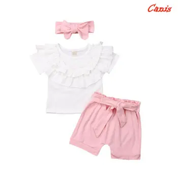 

2019 Infant Baby Girls Summer Short Sleeve Ruffles Shirt Tops Bow-knot Solid Color Shorts Cute Headband Outfits