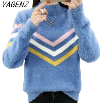 

Warm Women pullover sweater loose striped Faux Water velvet sweater turtleneck casual knitting Coat ladies tops Plus size 3XL