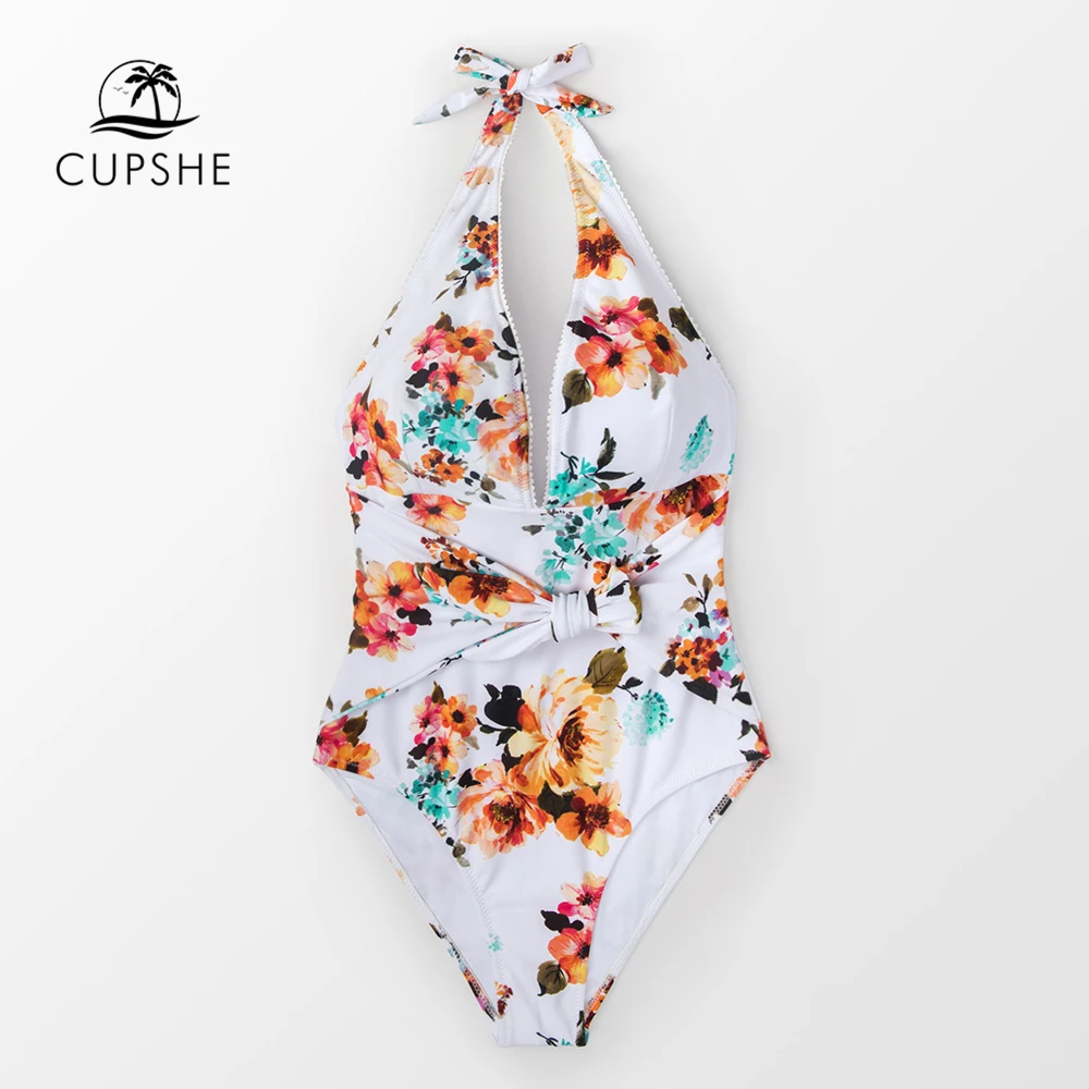 Billig CUPSHE Krawatte Taille Blumen One piece Badeanzug Frauen Sexy Backless Halter Monokini Bademode 2020 Mädchen Strand Badeanzüge