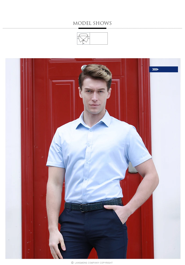 langmeng mens work shirts Brand short sleeve men dress shirts white male shirt Formal Men Business Shirt summer wear blue